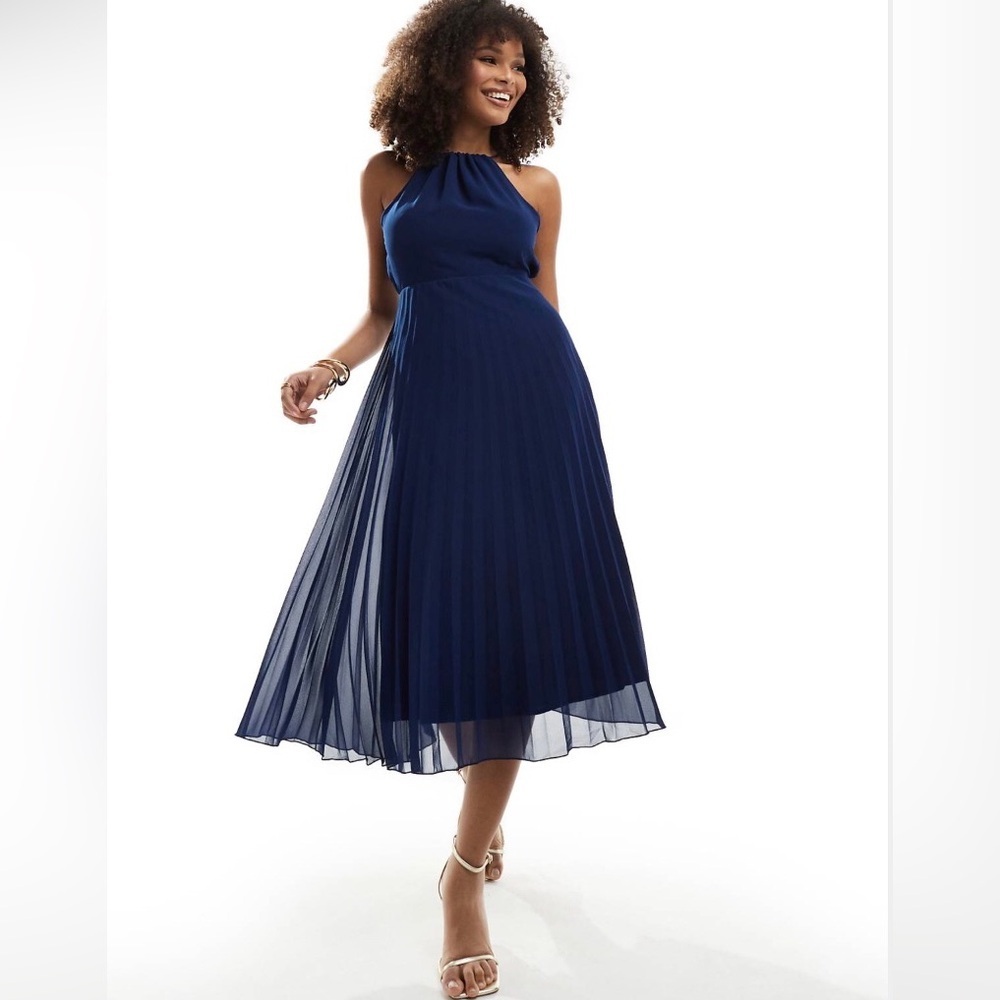 ASOS Navy Blue Pleated Midi Halter Dress
